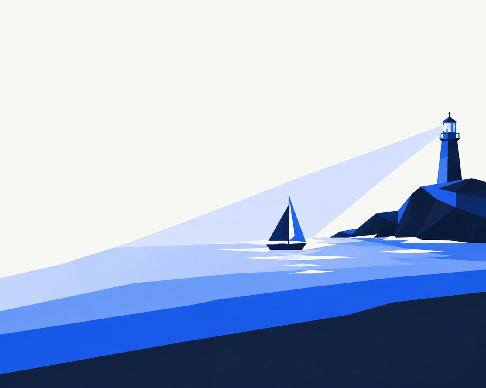 A lighthouse beam falling across a sailboat at dusk