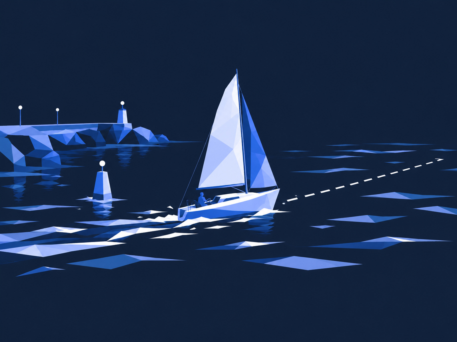 A sailboat leaving the harbour for open sea