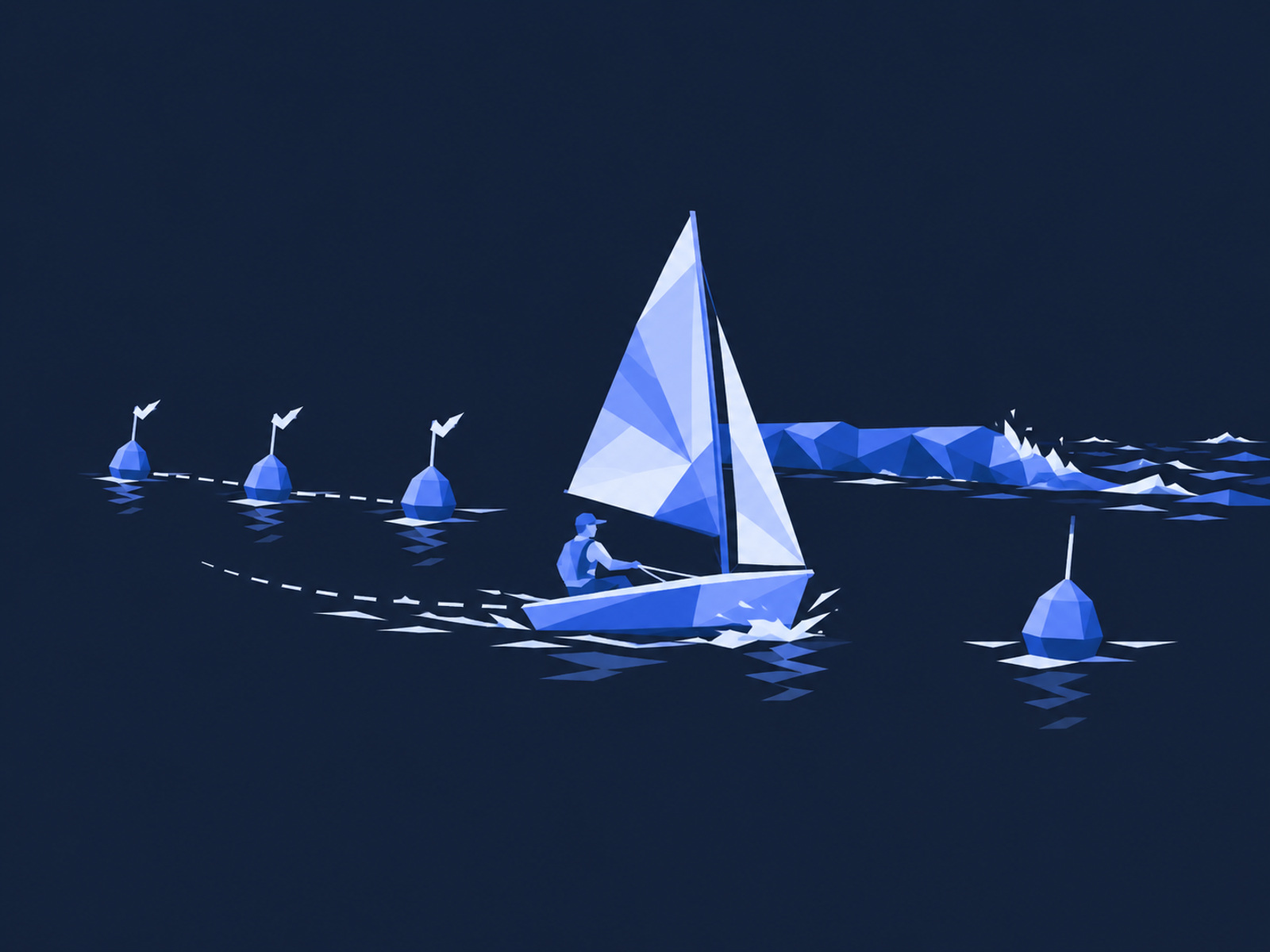 A sailboat passing marker buoys that are each checked off