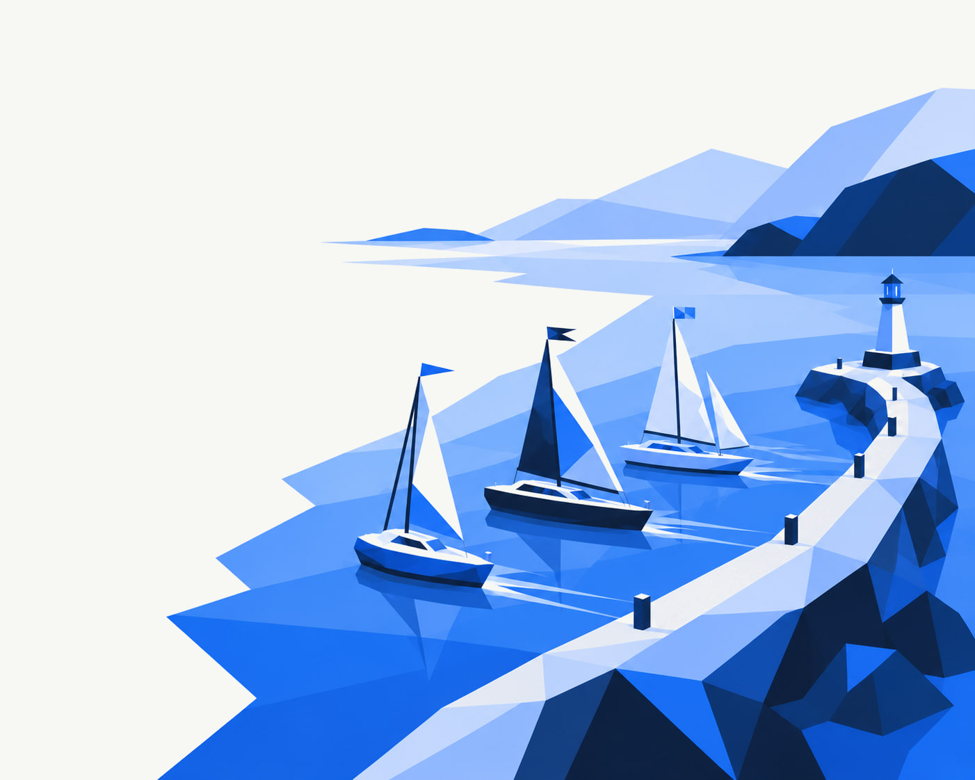 Three sailboats, each flying its own flag, leaving one shared harbour